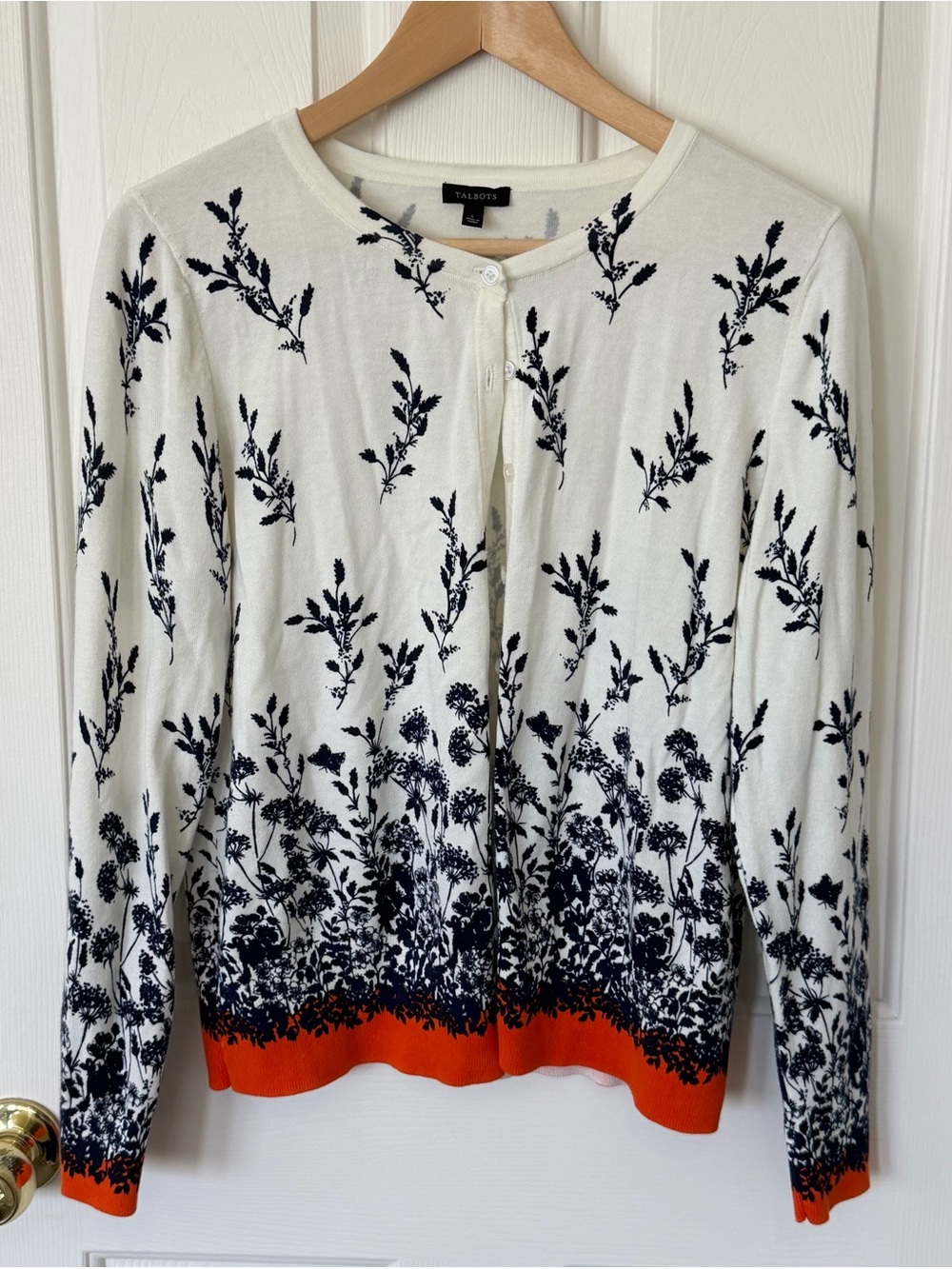 Talbots White Floral Cardigan with Navy Print and Orange Trim